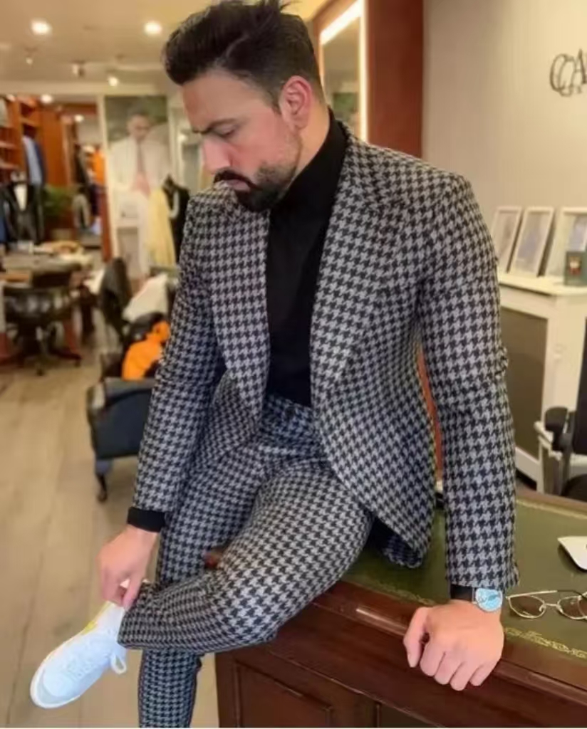 Men'S Formal Wear In Wedding - Houndstooth Vintage Men's Suit Peak Lapel