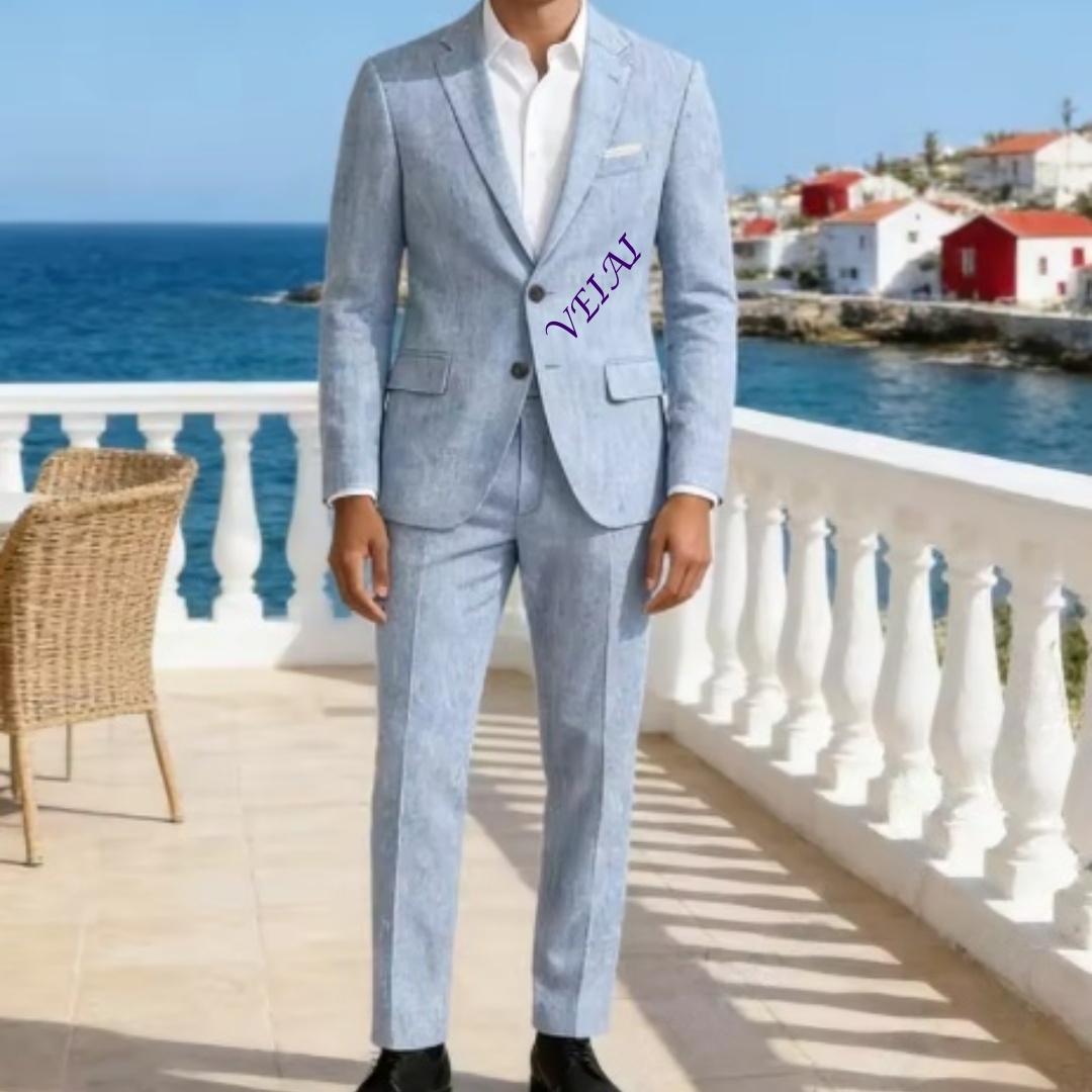 Customized Soft Sky Blue Linen - Men'S Formal Beach Wear 评论和价格