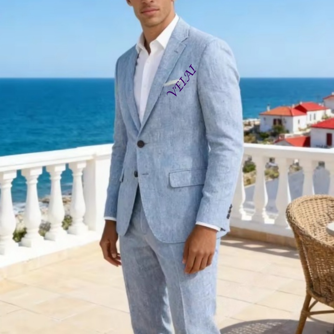 Customized Soft Sky Blue Linen - Men'S Formal Beach Wear 评论和价格