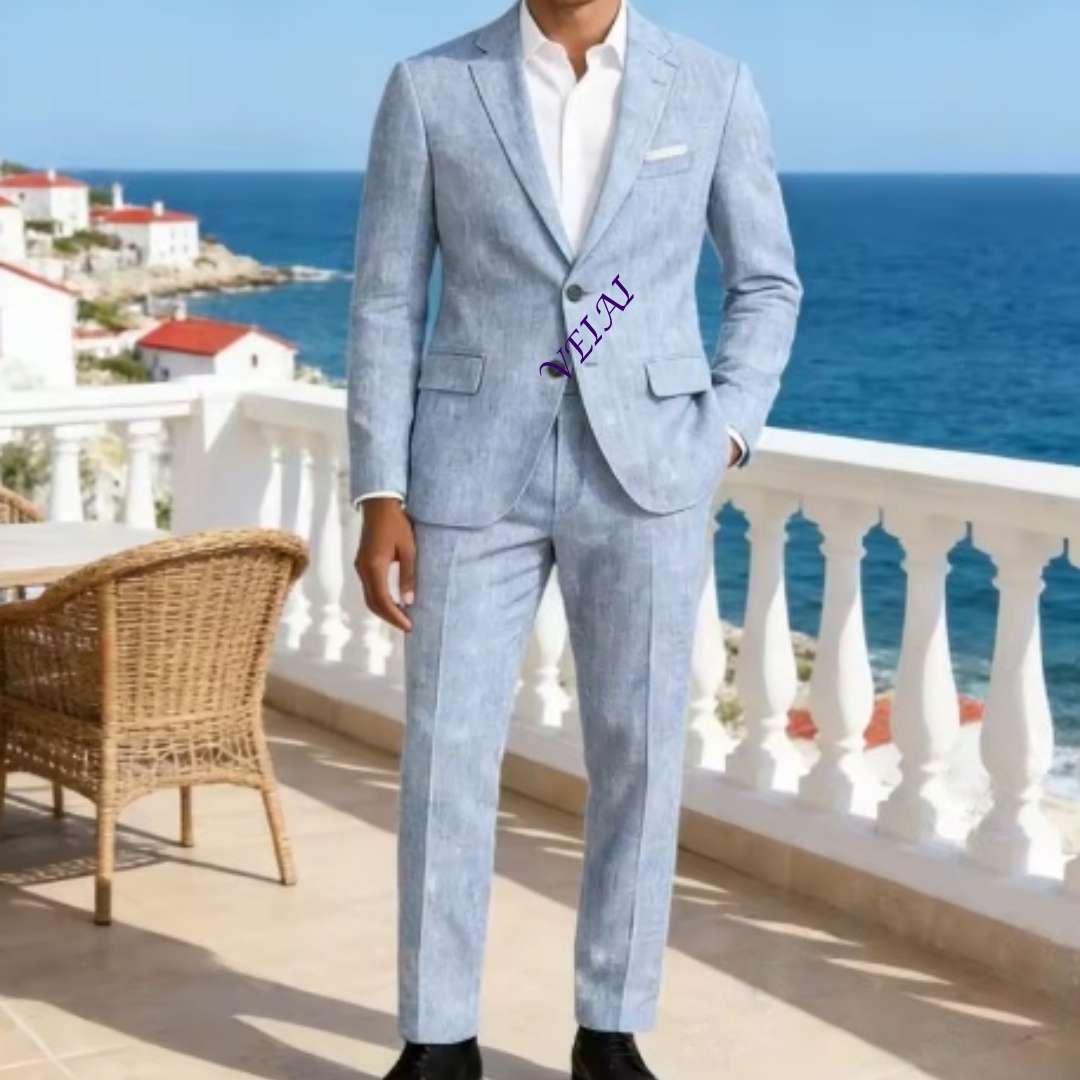 Customized Soft Sky Blue Linen - Men'S Formal Beach Wear 评论和价格