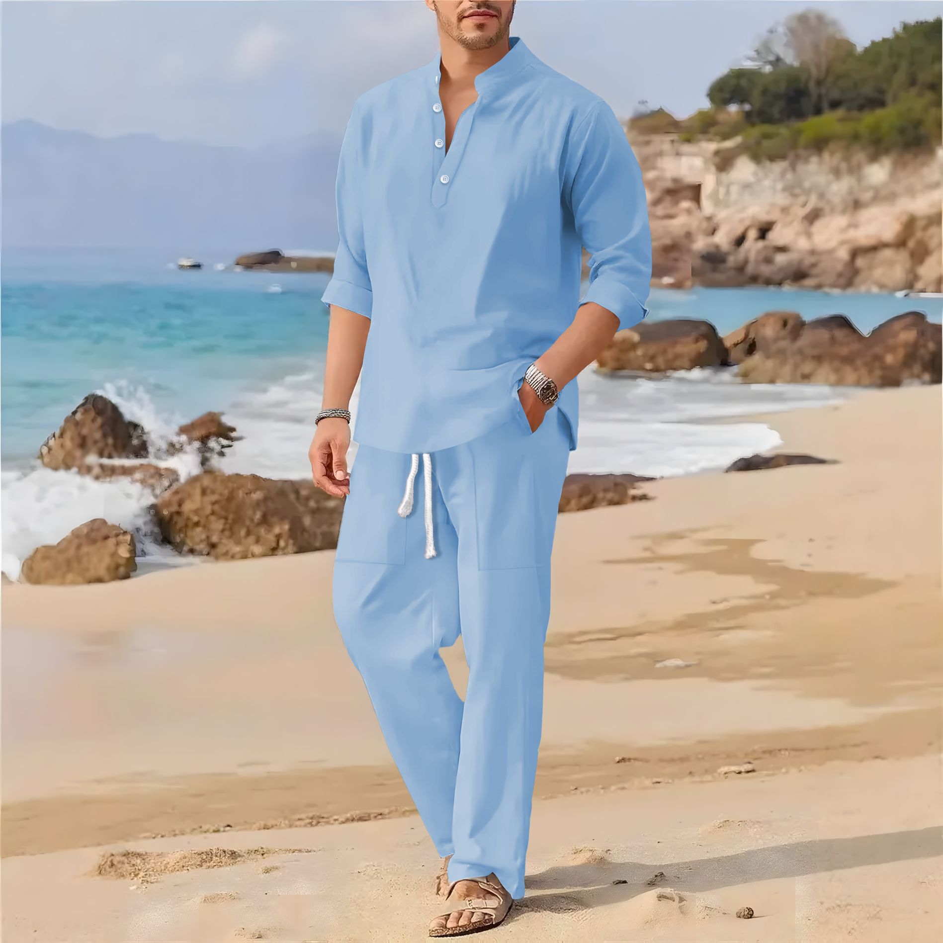 Men's retro cotton and linen s - Men'S Formal Beach Wear 评论和价格