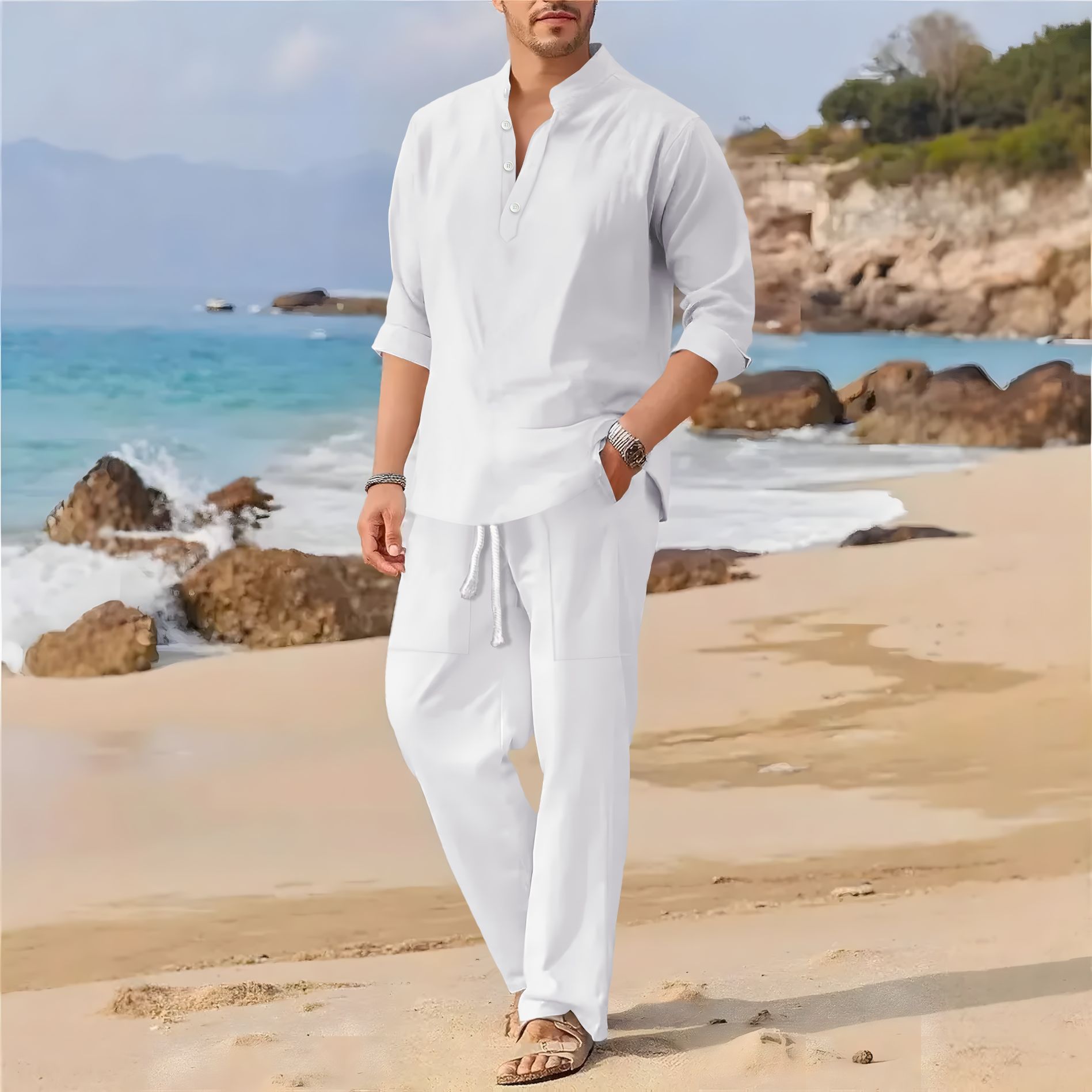 Men's retro cotton and linen s - Men'S Formal Beach Wear 评论和价格