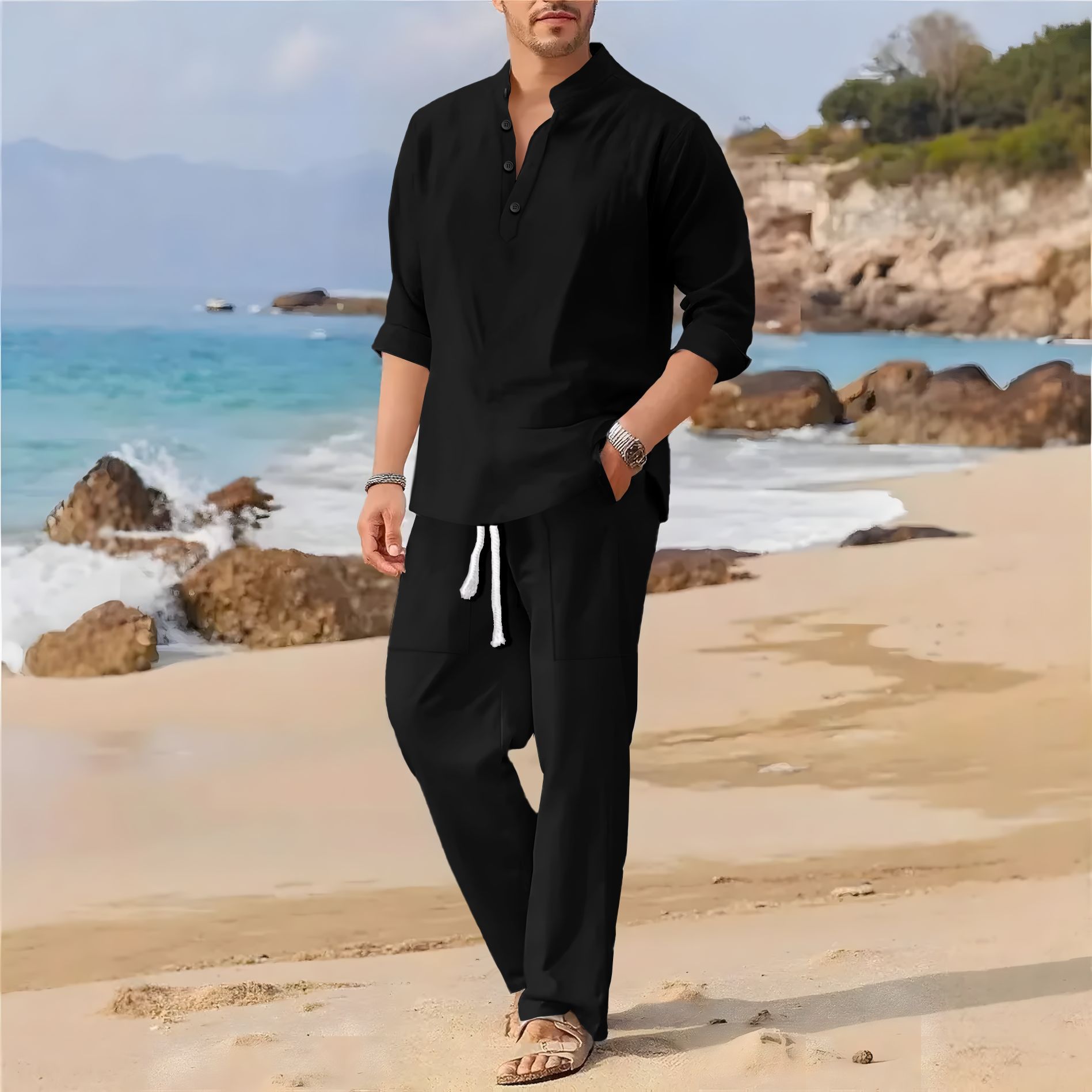 Men's retro cotton and linen s - Men'S Formal Beach Wear 评论和价格