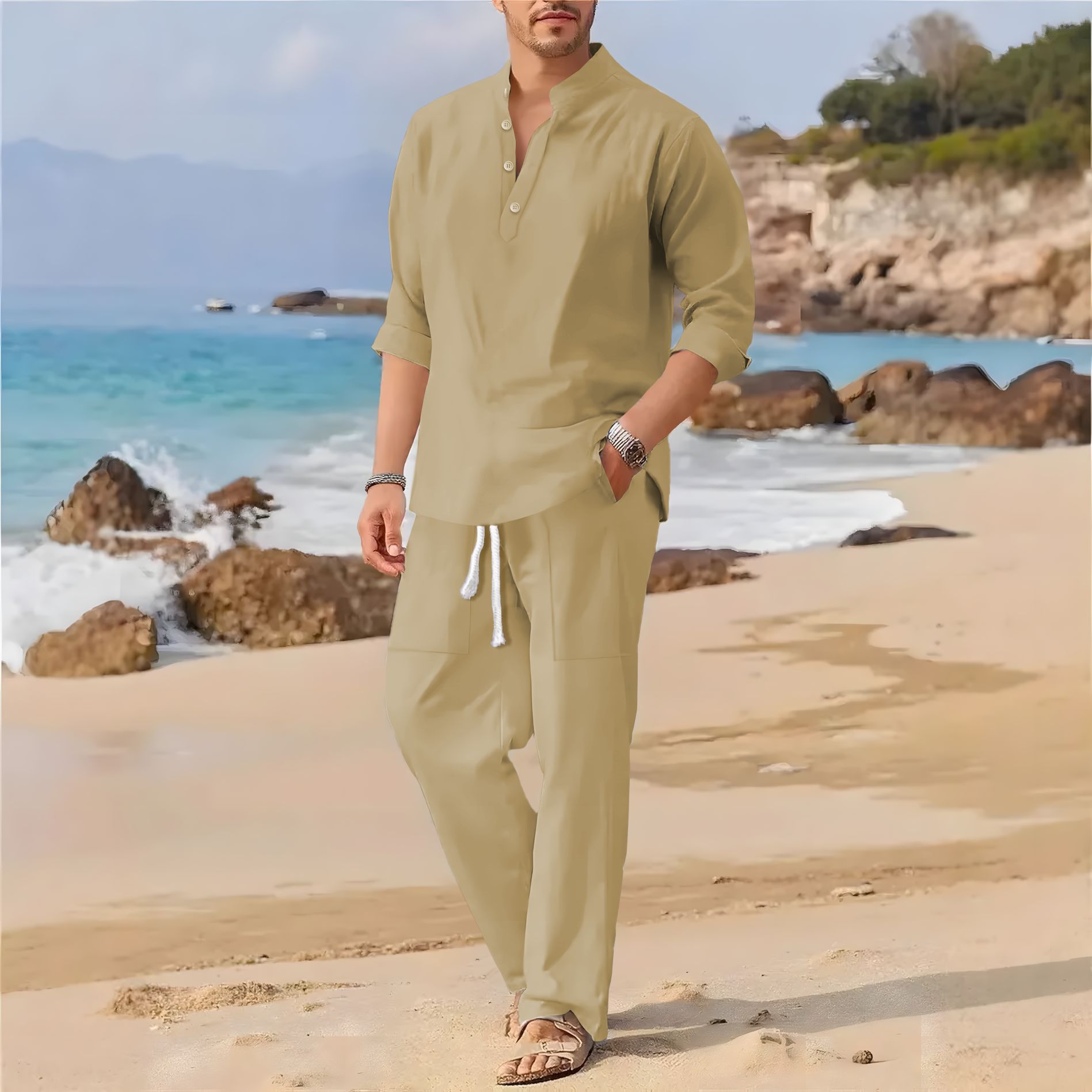 Men's retro cotton and linen s - Men'S Formal Beach Wear 评论和价格